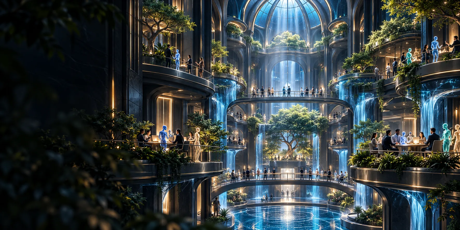 A vast garden atrium on many levels where people and luminous agents gather, talk and work together