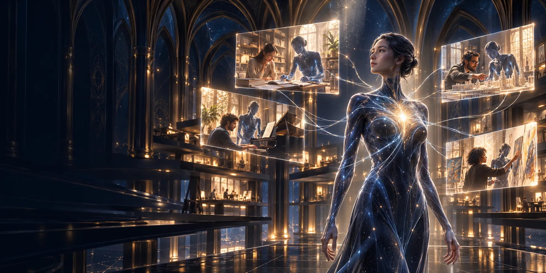 A luminous agent in a great hall, linked by threads of light to moments of research, music, engineering and art made with people